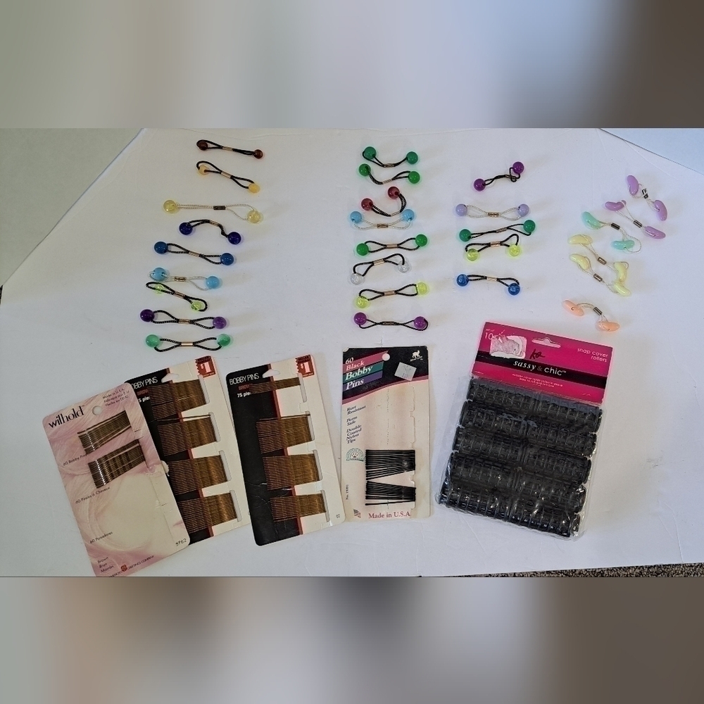 Vintage Lot of Hair Accessories Snap Cover Rollers Bobby Pins Hair Ties